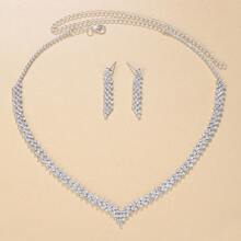 Simple & Fashionable Diamond Studded Accessories Set, Rhombus Shaped Pendant Necklace & Earrings For Women