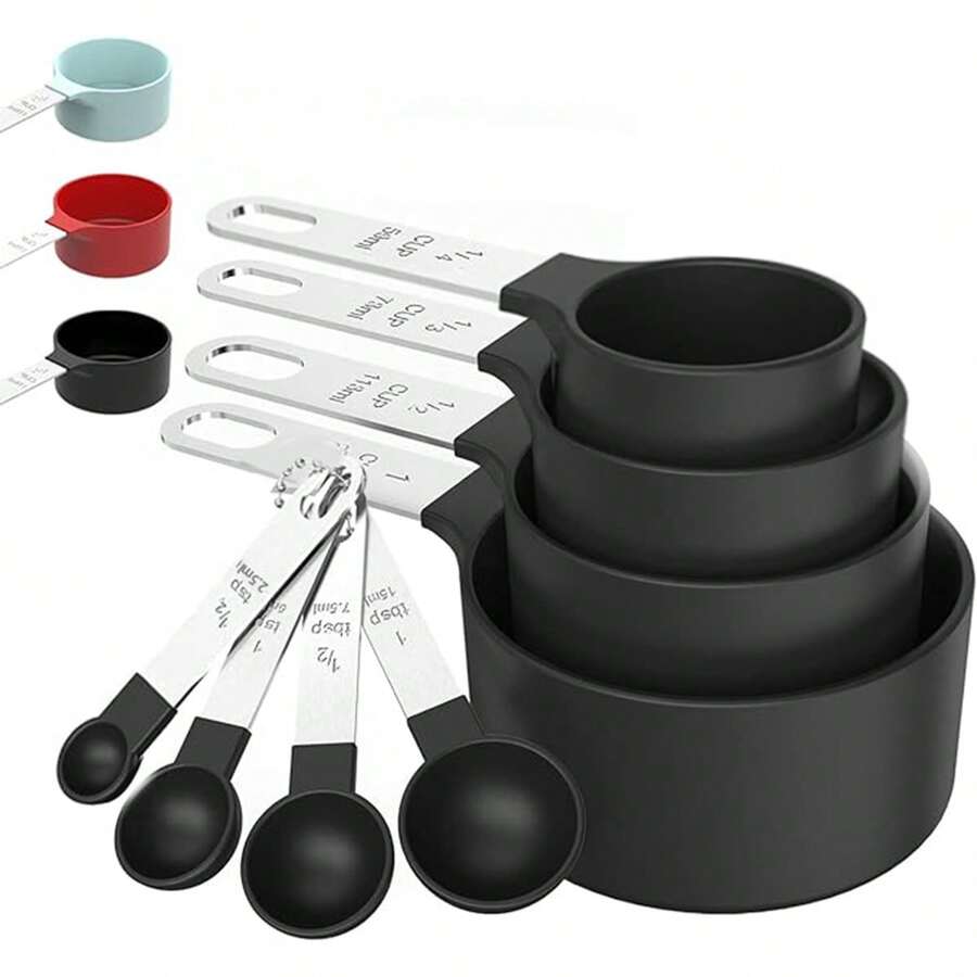 Juego De Cubos Y Cucharas De Medición De 8 Piezas, Apilables Y Anidables, Cubos De Medida Con Asa De Acero Inoxidable, Accesorios De Cocina Para Cocinar Y Hornear - Negro - Ver 1