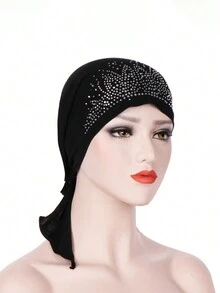 1 Khăn quấn đầu hình vòm màu trơn dành cho nữ có trang trí bằng kim cương giả, thích hợp để đeo hàng ngày, mũ hóa trị, khăn xếp kiểu tóc Hijab Bonnet - Nhiều màu - Xem 3