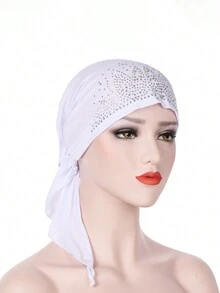 1 Khăn quấn đầu hình vòm màu trơn dành cho nữ có trang trí bằng kim cương giả, thích hợp để đeo hàng ngày, mũ hóa trị, khăn xếp kiểu tóc Hijab Bonnet - Nhiều màu - Xem 7