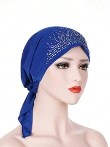 1 Khăn quấn đầu hình vòm màu trơn dành cho nữ có trang trí bằng kim cương giả, thích hợp để đeo hàng ngày, mũ hóa trị, khăn xếp kiểu tóc Hijab Bonnet - Nhiều màu - Xem 6