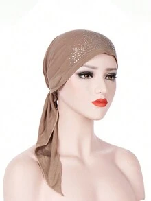 1 Khăn quấn đầu hình vòm màu trơn dành cho nữ có trang trí bằng kim cương giả, thích hợp để đeo hàng ngày, mũ hóa trị, khăn xếp kiểu tóc Hijab Bonnet - Nhiều màu - Xem 5