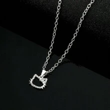 Sanrio 1pc Sanrio Kawaii Hello Kitty Silver Colour Simple Necklace Cartoon Kit Openwork Cat Cute Girl Metal Anime Pendant Necklace