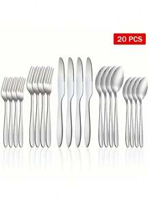 5/20pcs/Set Stainless Steel Silver Cutlery Sets, Including Steak Knives, Forks, Spoons, Easy To Clean In Dishwasher, Suitable For Kitchen, Restaurant, Hotel, Camping School Supplies,Christmas Gift - Silver - View 1