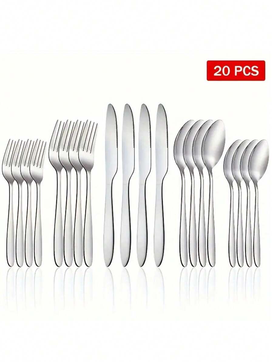 5/20pcs/Set Stainless Steel Silver Cutlery Sets, Including Steak Knives, Forks, Spoons, Easy To Clean In Dishwasher, Suitable For Kitchen, Restaurant, Hotel, Camping School Supplies,Christmas Gift - Silver - View 1