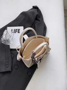 1 件时尚简约锁扣 PU 手提包可用作单肩包、斜挎包或手提包，配丝巾，适合日常使用，时尚蝴蝶结钱包，适合女士