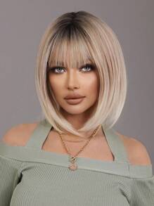 7JHH WIGS Tóc giả ngắn màu vàng kim 12 inch của 7JHHWIGS, có mái, điểm xuyết những lọn tóc trắng và chân tóc tối màu, trông tự nhiên và chân thực, phù hợp cho cả sử dụng hàng ngày và dự tiệc. - Ombre - Xem 2