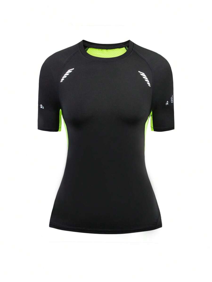 Women's Spring/Summer Athletic Quick-Drying Mesh Short Sleeve T-Shirt, Breathable Workout Top For Sports Like Yoga, Running, Tennis - Black - View 1