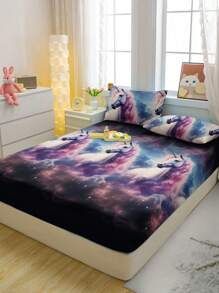 1pc Dreamlike Horse Pattern Printed Flannel Fitted Sheet, Bedding (Pillowcase Not Included)