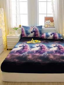 1pc Dreamlike Horse Pattern Printed Flannel Fitted Sheet, Bedding (Pillowcase Not Included)