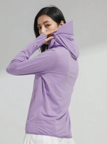 Jaqueta de Proteção Solar UPF 50+ para Mulheres com Máscara, Camiseta Refrescante com Capuz e Bolso para Caminhada ao Ar Livre, Cordão Ajustável e Removível da Gorra - Roxo - Visão 3