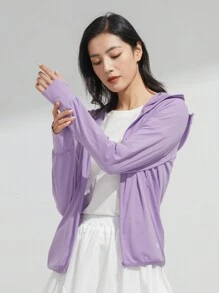 Jaqueta de Proteção Solar UPF 50+ para Mulheres com Máscara, Camiseta Refrescante com Capuz e Bolso para Caminhada ao Ar Livre, Cordão Ajustável e Removível da Gorra - Roxo - Visão 2