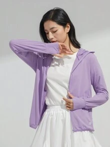 Jaqueta de Proteção Solar UPF 50+ para Mulheres com Máscara, Camiseta Refrescante com Capuz e Bolso para Caminhada ao Ar Livre, Cordão Ajustável e Removível da Gorra - Roxo - Visão 6