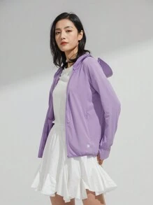 Jaqueta de Proteção Solar UPF 50+ para Mulheres com Máscara, Camiseta Refrescante com Capuz e Bolso para Caminhada ao Ar Livre, Cordão Ajustável e Removível da Gorra - Roxo - Visão 8