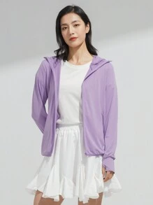 Jaqueta de Proteção Solar UPF 50+ para Mulheres com Máscara, Camiseta Refrescante com Capuz e Bolso para Caminhada ao Ar Livre, Cordão Ajustável e Removível da Gorra - Roxo - Visão 1