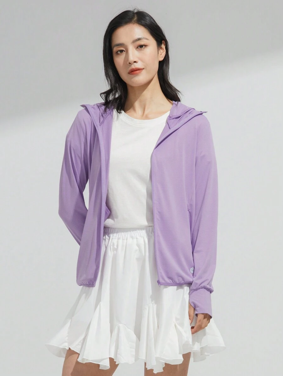 Jaqueta de Proteção Solar UPF 50+ para Mulheres com Máscara, Camiseta Refrescante com Capuz e Bolso para Caminhada ao Ar Livre, Cordão Ajustável e Removível da Gorra - Roxo - Visão 1