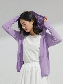 Jaqueta de Proteção Solar UPF 50+ para Mulheres com Máscara, Camiseta Refrescante com Capuz e Bolso para Caminhada ao Ar Livre, Cordão Ajustável e Removível da Gorra - Roxo - Visão 7