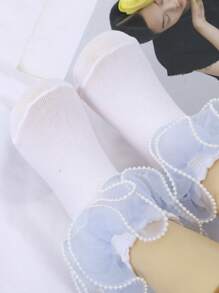 1 Pair Cotton Girls' Solid Color Lace Pearl Ruffle Dance Ankle Socks - Blue - View 4