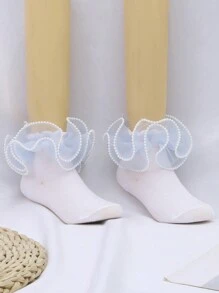 1 Pair Cotton Girls' Solid Color Lace Pearl Ruffle Dance Ankle Socks - Blue - View 5
