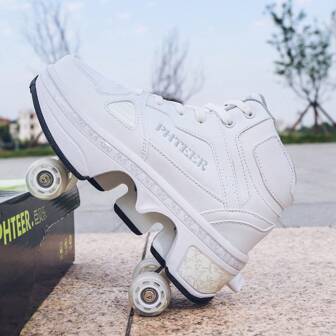 PHTEER Transformable Flashing Roller Skates, Four Wheels, Unisex Double Wheels For Students, Retractable Wheels Roller Shoes For Adults, Button Control One-Key Retractable Inline Skates For Teenagers And All Seasons