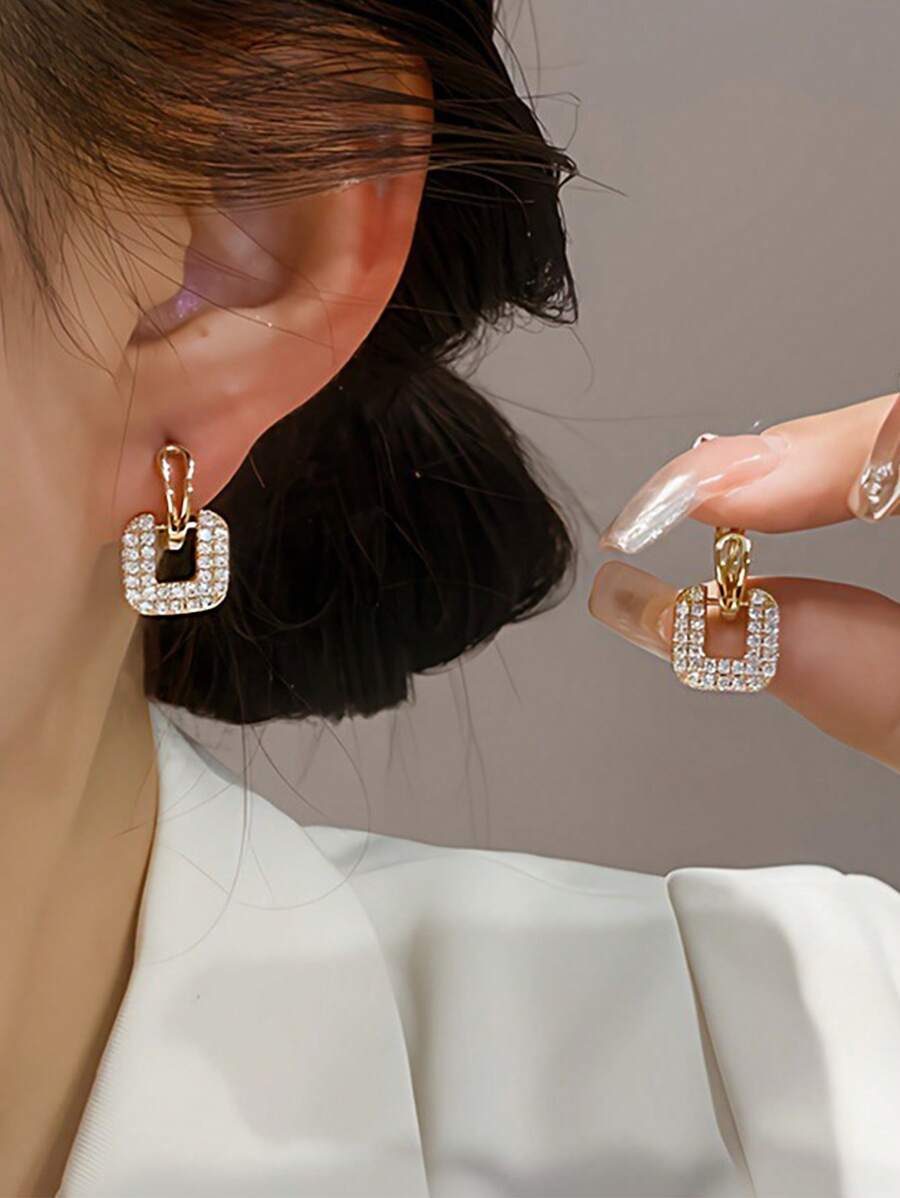 1 Pair Of Personalized Rhinestone Square Earrings, All-Match Style - Yellow Gold - View 1