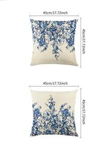 2pcs / Set Blue Plant & Flower Print Pillow Cover, Modern Style, 45cm*45cm Square, Imitated Linen Material, Soft And Comfortable, Suitable For Daily Home Decoration (Pillow Core Not Included) - Blue - View 2
