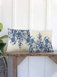 2pcs / Set Blue Plant & Flower Print Pillow Cover, Modern Style, 45cm*45cm Square, Imitated Linen Material, Soft And Comfortable, Suitable For Daily Home Decoration (Pillow Core Not Included) - Blue - View 4