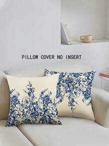 2pcs / Set Blue Plant & Flower Print Pillow Cover, Modern Style, 45cm*45cm Square, Imitated Linen Material, Soft And Comfortable, Suitable For Daily Home Decoration (Pillow Core Not Included) - Blue - View 3
