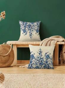 2pcs / Set Blue Plant & Flower Print Pillow Cover, Modern Style, 45cm*45cm Square, Imitated Linen Material, Soft And Comfortable, Suitable For Daily Home Decoration (Pillow Core Not Included) - Blue - View 5