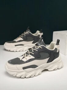 WANWEISI 男士拼色字母图案系带运动鞋，时尚厚底鞋，校鞋，学生休闲运动鞋，路跑鞋 - 男士网球鞋 - 灰色 - 查看 4