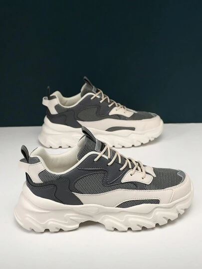 WANWEISI Men's Colorblock Letter Pattern Lace-Up Sneakers, Fashionable Platform Shoes, School Shoes, Student Casual Sports Shoes, Road Running Shoes - Men Tennis