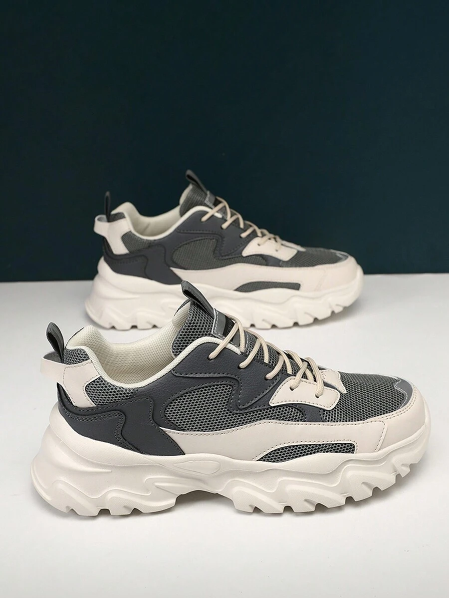 WANWEISI 男士拼色字母图案系带运动鞋，时尚厚底鞋，校鞋，学生休闲运动鞋，路跑鞋 - 男士网球鞋