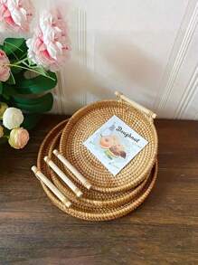 1pc Wooden Handle Round Wooden Tray, Willow Basket, Bread & Food Tray, Fruit & Cake Plate, Dinner Tray, Handmade Rattan Tray, Heat-Insulated Pad For Fruit Plate, Rattan Decoration, Food Storage Tray, Kitchenware - Ginger - View 5