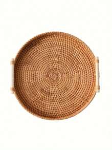 1pc Wooden Handle Round Wooden Tray, Willow Basket, Bread & Food Tray, Fruit & Cake Plate, Dinner Tray, Handmade Rattan Tray, Heat-Insulated Pad For Fruit Plate, Rattan Decoration, Food Storage Tray, Kitchenware - Ginger - View 7