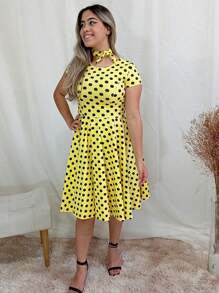 Vestido Poá Anos 80 Com Manga - Poá Amarelo - Visão 2