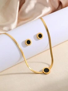 3pcs/Set Vintage Stainless Steel 18K Gold Plated Circular Plate & Roman Numeral Decor Earrings & Necklace Set