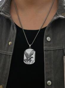 1個男士鍍銀合金鷹形和狗牌吊墜項鍊,不鏽鋼鍊條,時尚休閒鈦鋼魅力飾品 - 銀色 - 查看 5