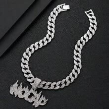 Nam Rhinestone Chữ Mặt Dây Chuyền Vòng Cổ Punk Hip Pop Phong Cách Chuỗi - Bạc - Xem 3