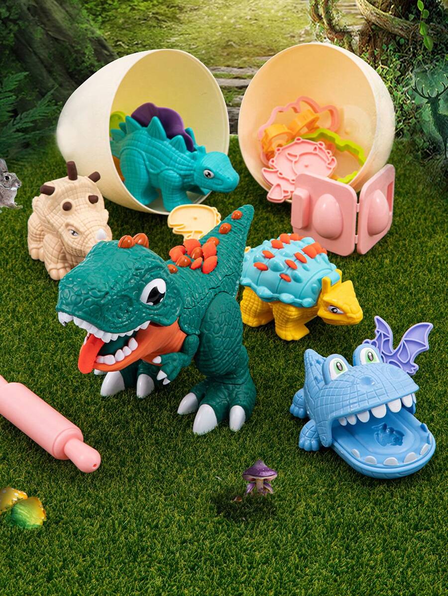 1套恐龍diy黏土套件,綠色和橙色黏土、麵條製造器和各種模具,親子互動玩具、兒童美術創作用品,適合3-6歲男女童 - 恐龍彩泥機 - 查看 1