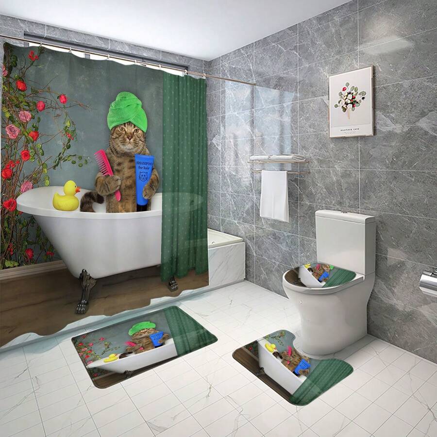 Cute Cat Printed Shower Curtain 4pcs/Set - Multicolor - View 1