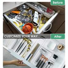 THELIFE 14 件抽屉收纳套装带防滑硅胶垫，4 种尺寸桌面抽屉收纳托盘，用于化妆品、珠宝、卧室梳妆台、办公室和厨房用具收纳，透明房间装饰家居装饰秋季装饰卧室装饰 - 無色 - 查看 8