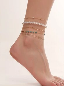 5 cái Châu Âu và Châu Mỹ Ins Phong cách tối giản Tinh tế Liên kết Thiết kế dây xích Ngọc trai Giả Màu xanh lá Màu ngọc lam Kết cườm Của phụ nữ vòng chân - vàng - Xem 3