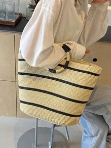 春夏新款大容量草编包休闲百搭女士托特包手提包购物袋条纹圆柄大包 - 米色 - 查看 5
