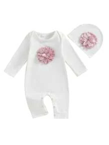 Baby Mädchen Kleidung Set mit langem Arm, 3D Blume, einfarbiger Romper & Mütze, Rundhals Outfit