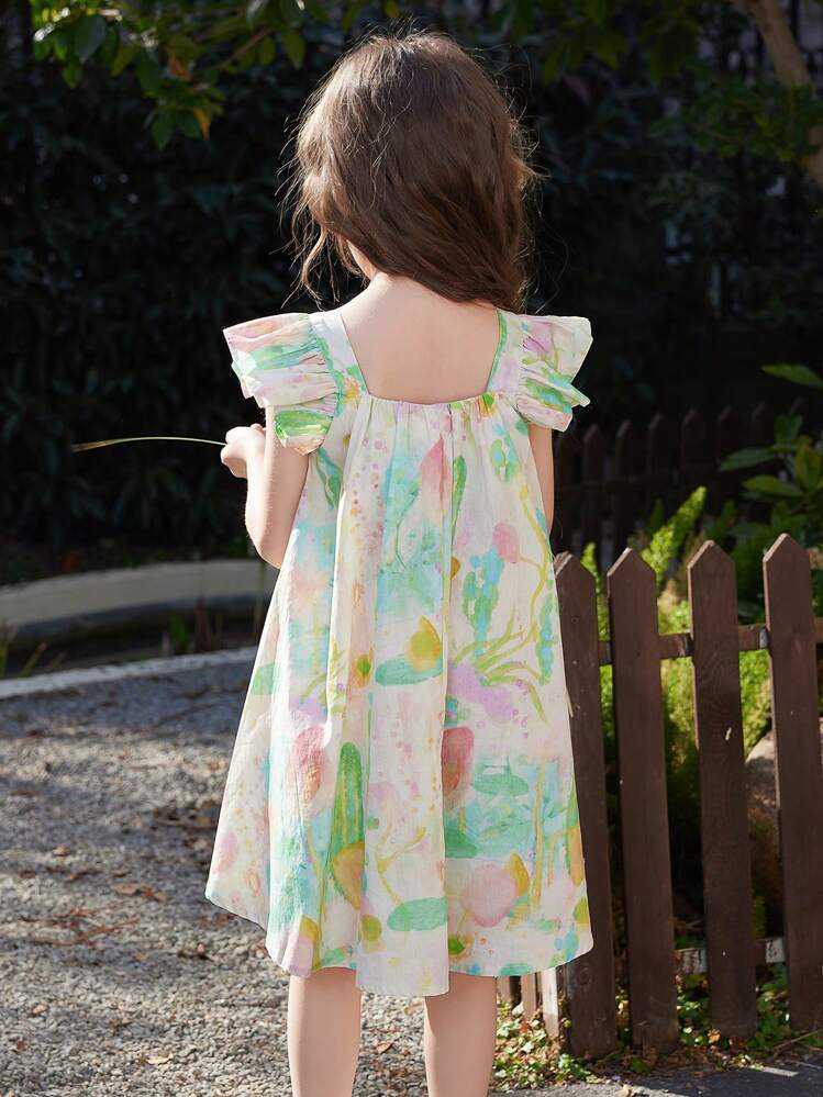 Vestido de verano con estampado floral para niña con cuello cuadrado, mangas con volantes y dobladillo amplio - Multicolor - Añade 3