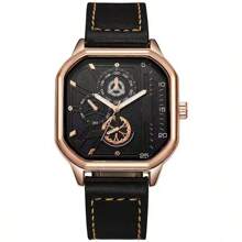 1pc Men's Pu Leather Strap Rose Gold Color Square Dial Quartz Watch - Rose Gold - View 2