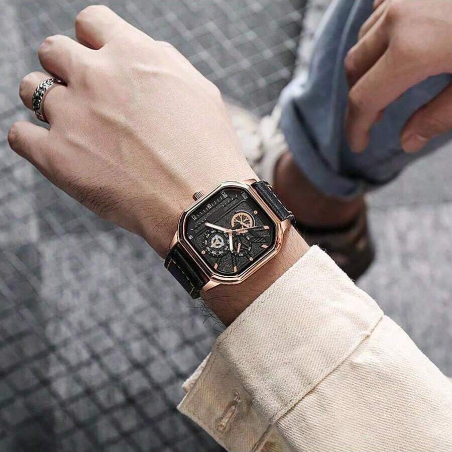 1pc Men's Pu Leather Strap Rose Gold Color Square Dial Quartz Watch - Rose Gold - View 1