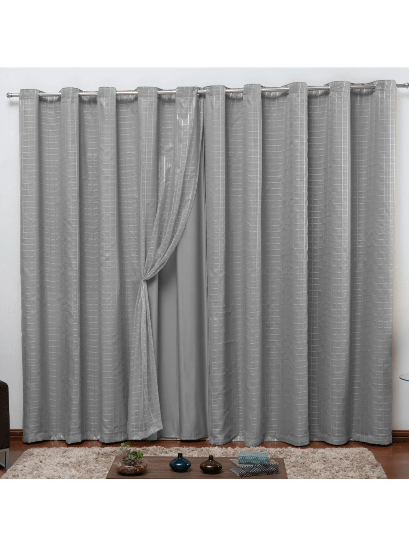 Curtain 5 Meters X 2.80 With Voile Checkered Voile Bedroom Living Room - 灰色的 - 查看 1