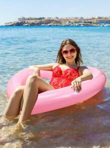 1pc Inflatable Red Heart Shaped Extra Large Thickened Pvc Swimming Ring For Adults Pool Float - Pink - View 2