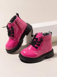 1 Pair Girls' Patent Leather Pu Leather Mid-Calf British Style Boots, Suitable For Spring And Autumn - Hot Pink - View 15